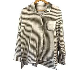 J. Jill Love Linen Striped Boyfriend Oversized Button Front Shirt Size L Coastal
